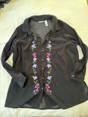 Black Button-Up Shirt with Pink & Lavender Floral Embroidery